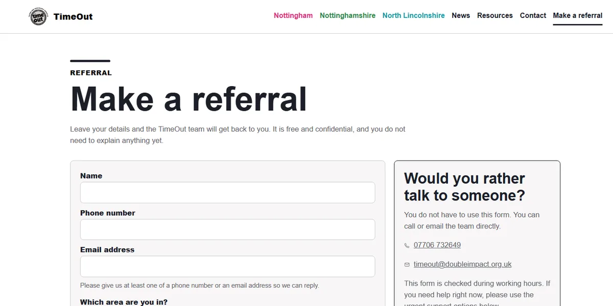The TimeOut referral form with the 'would you rather talk to someone' panel